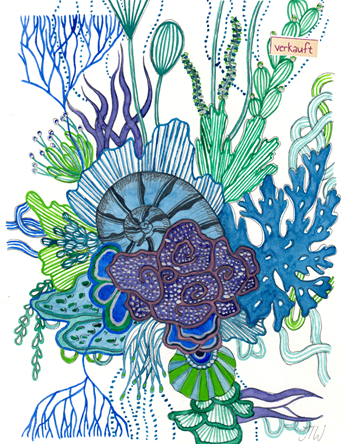 Korallen in Aquarelle blau/grün/türkis - verkauft
